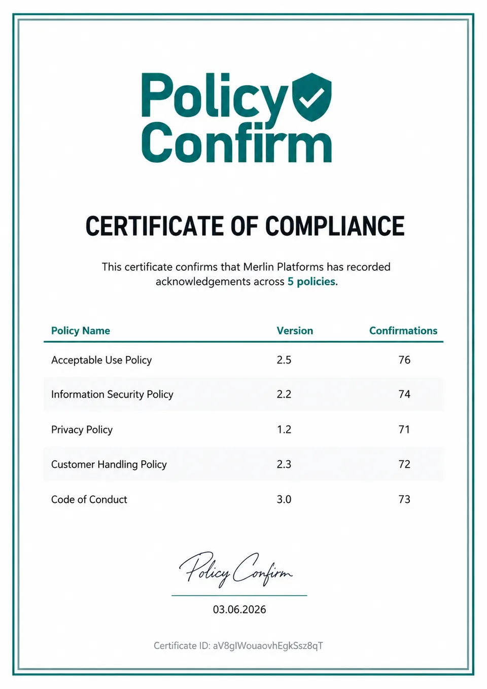 Organization certificate of compliance showing acknowledgements across all policies