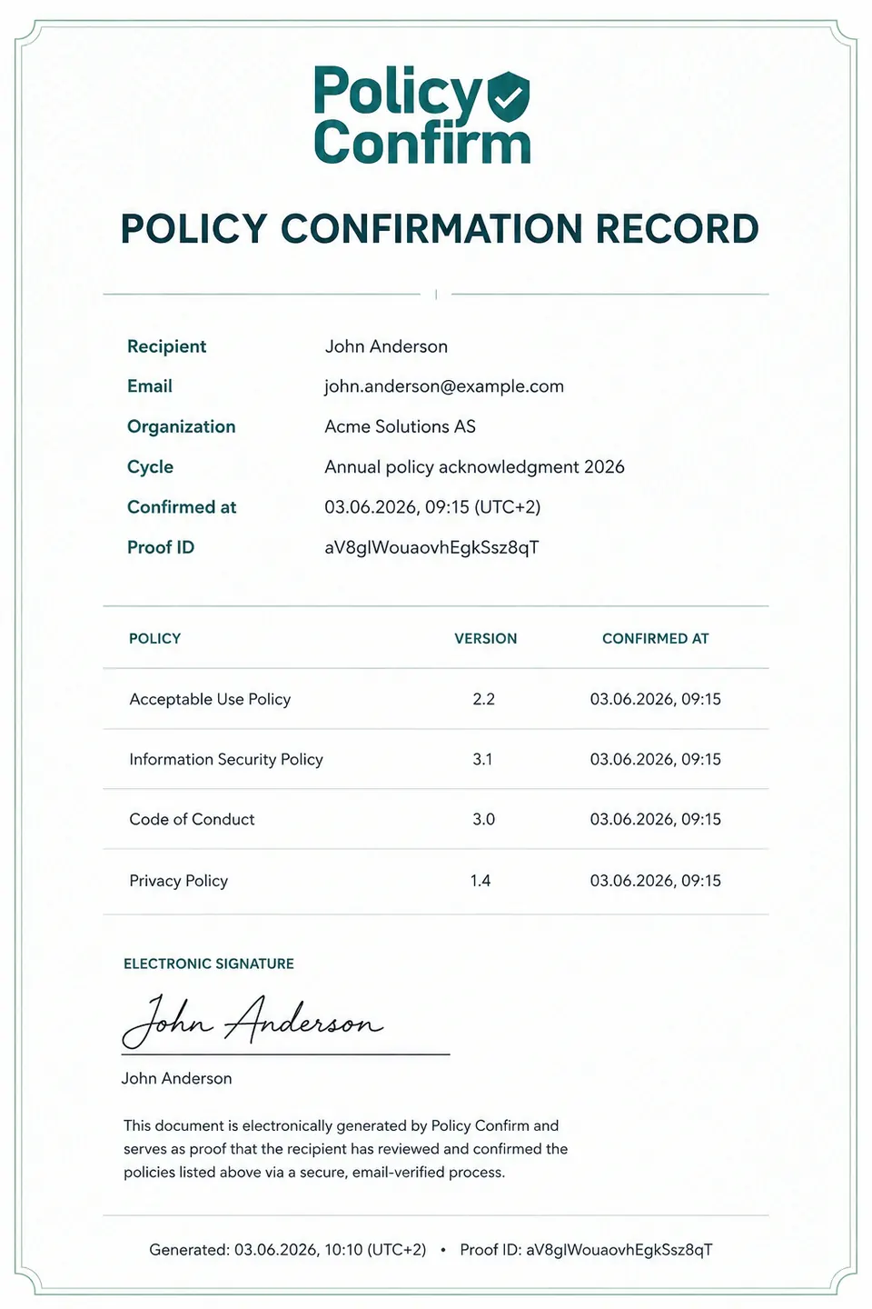 Policy confirmation record certificate with recipient, policies, and electronic signature