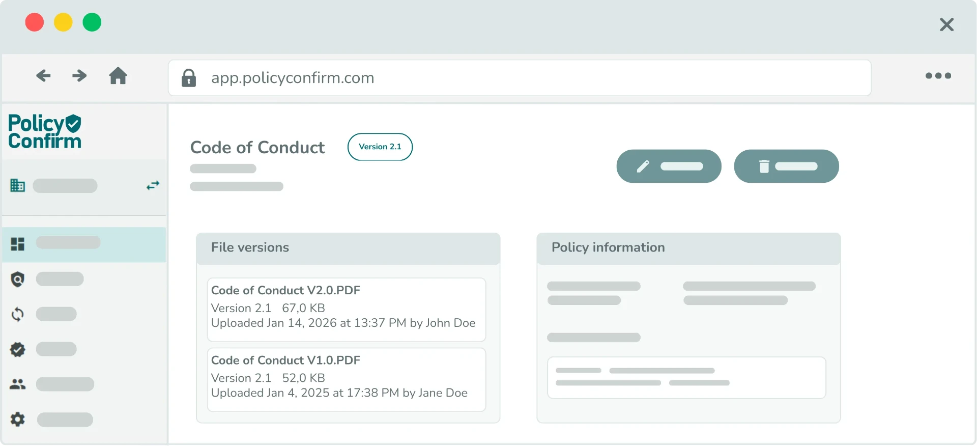 Policy Confirm policy detail view showing file versions, upload timestamps, and version history