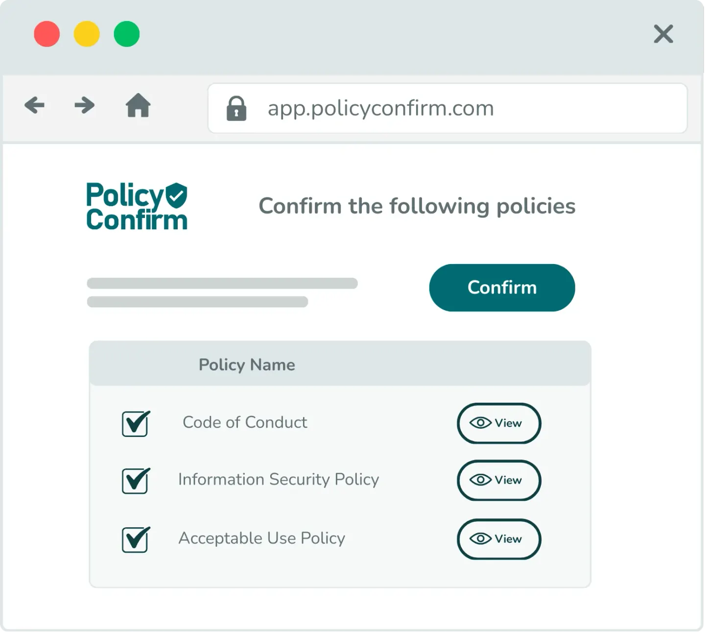 Policy Confirm recipient confirmation page with single-click acknowledgement