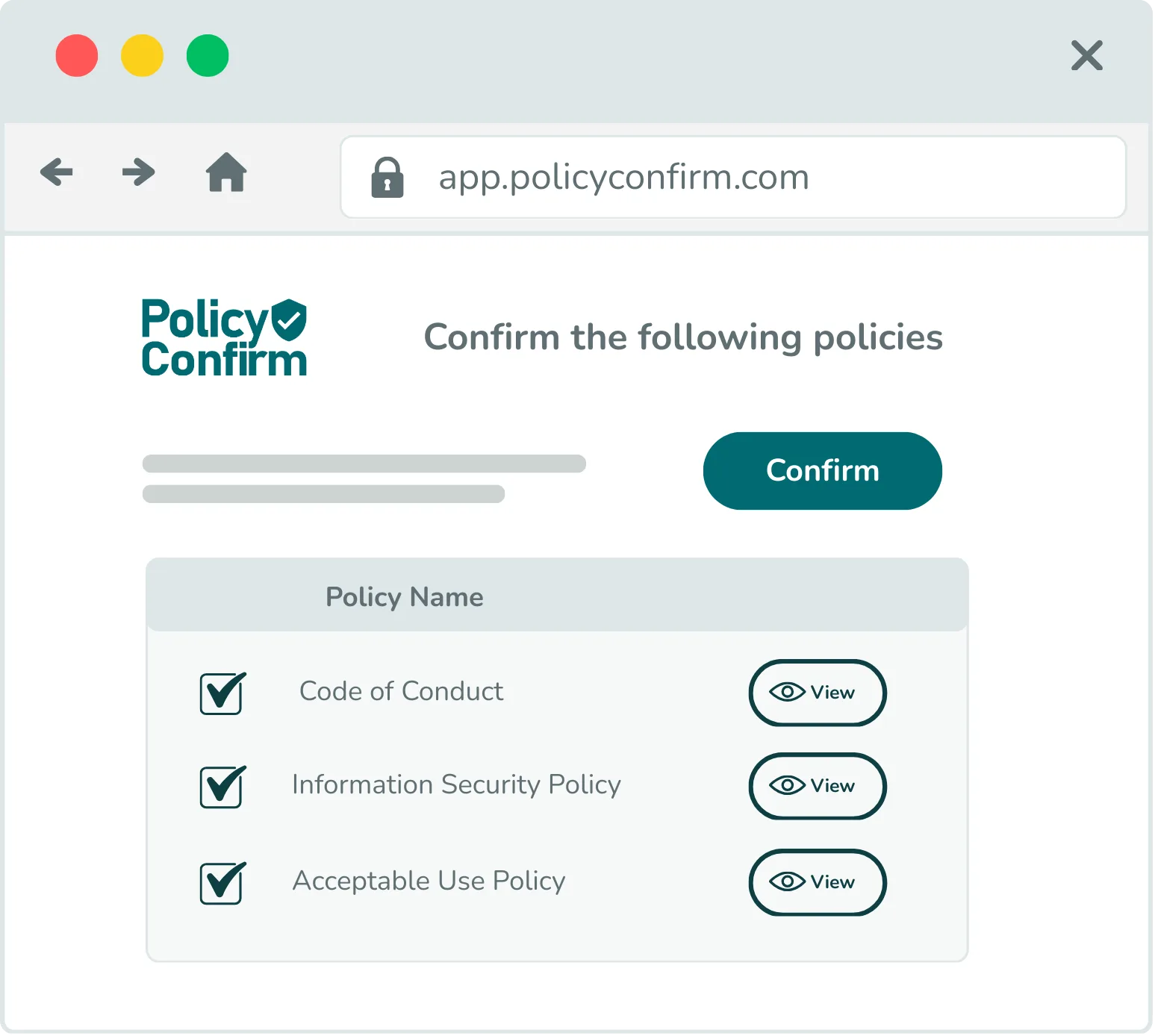 Policy Confirm recipient confirmation page with single-click acknowledgement