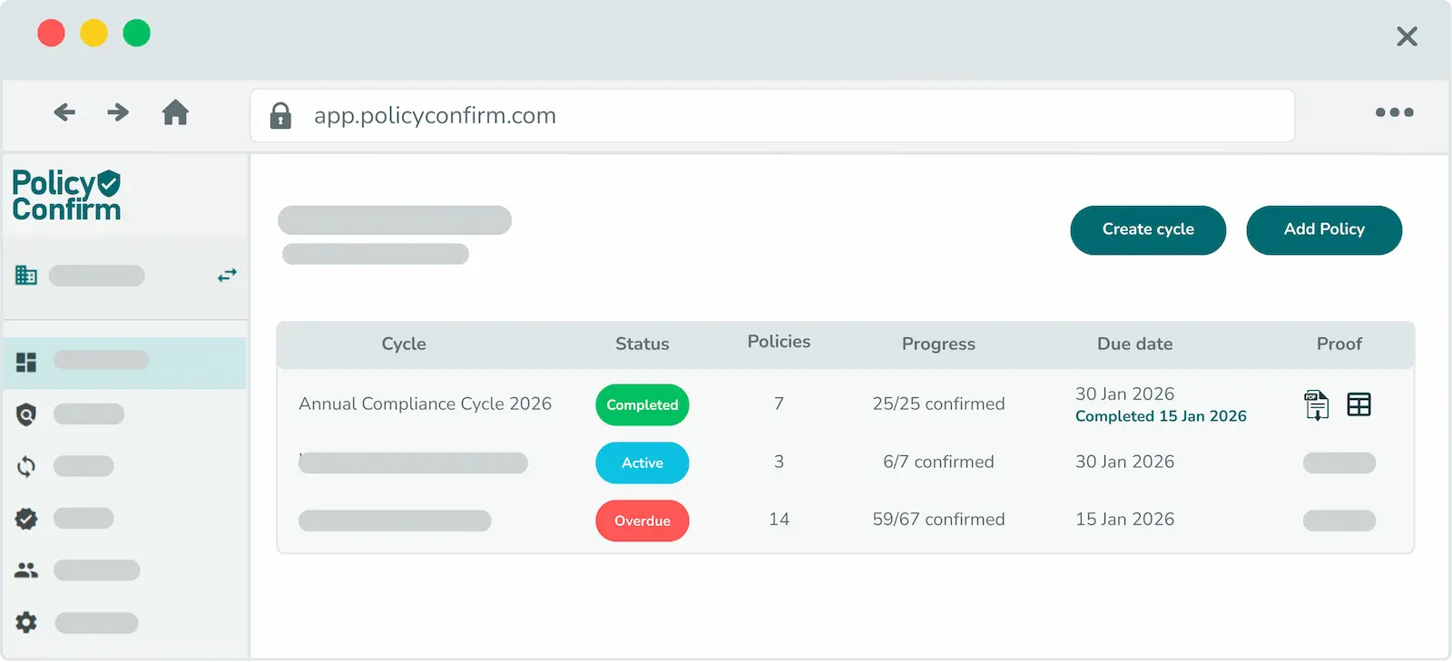 Policy Confirm dashboard showing compliance cycles with status, policies, and progress tracking